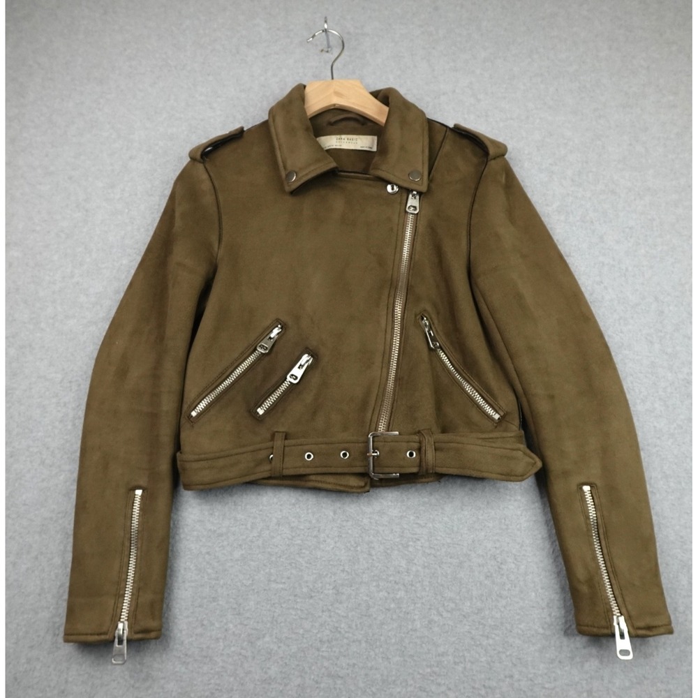ZARA Basic Outerwear Jacket Womens XS Brown Long Sleeve Full Zip Faux Leather